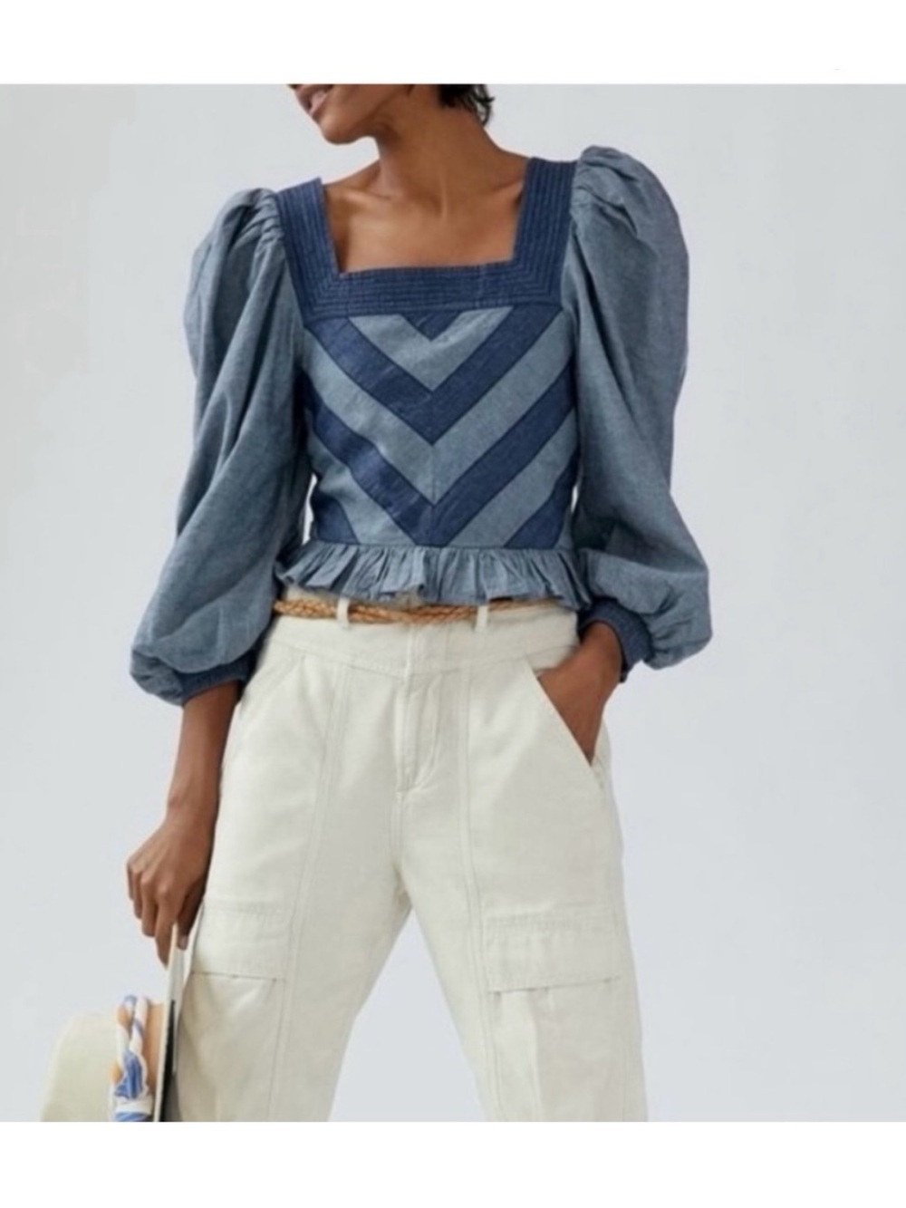 Anthropologie | love the label smocked chevron puff sleeve denim top